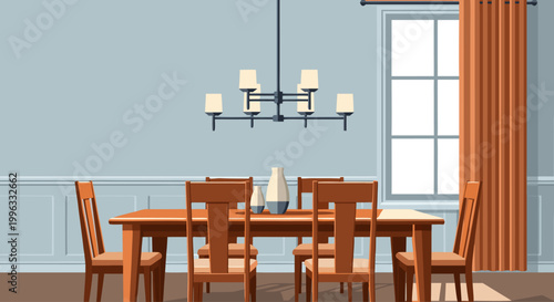 Dining table arranged under chandelier in formal dining room
