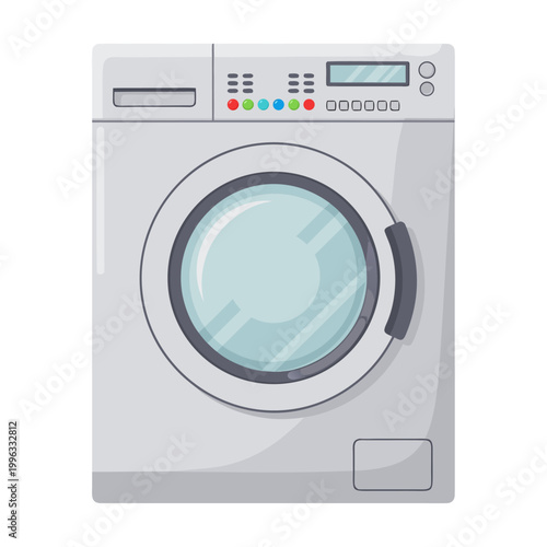Washing machine standing idle against plain white background