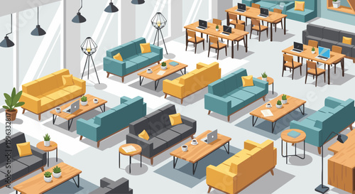 Open coworking space with sofas and shared worktables
