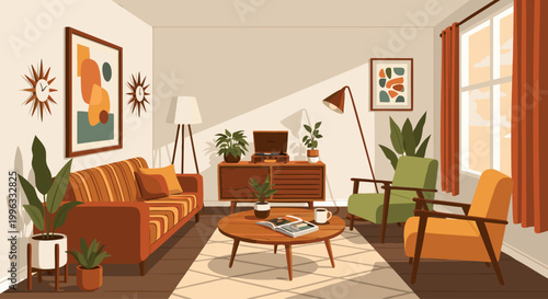 Midcentury living room arranged with sofa, chairs, plants and decor