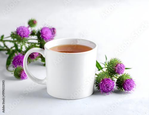Milk thistle herbal tea with purple blossoms in white mug, minimalist botanical wellness still life, calm conceptual mood, AI generated digital art