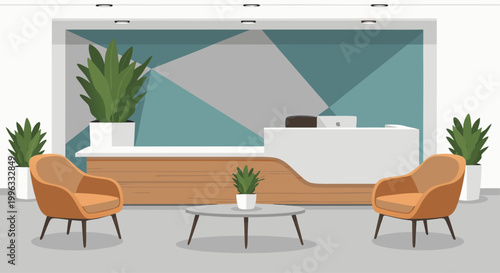 Modern reception desk with seating area in lobby interior