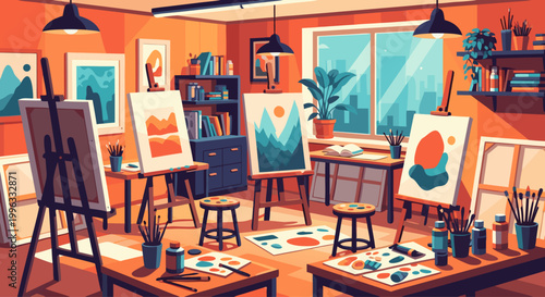 Art studio filled with easels paintings and art supplies interior