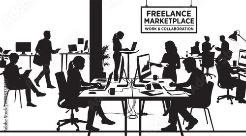 Busy freelance marketplace office with diverse professionals working on laptops and collaborating in a modern coworking workspace environment