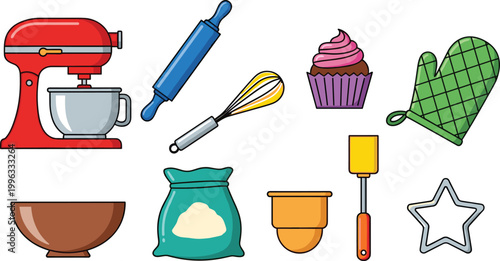 Baking Tools and Equipment Vector Set with Mixer, Rolling Pin, Cupcake, Whisk, Oven Mitt, Bowl, Flour, Spatula, Cookie Cutter, and Baking Icons for Digital and Print Designs