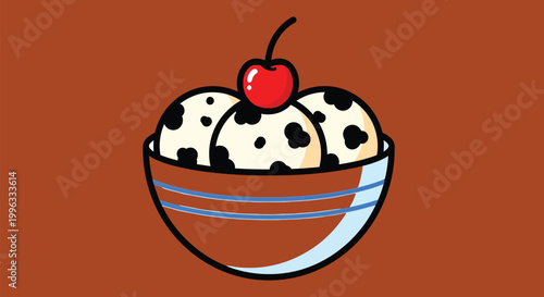 Chocolate chip ice cream sundae vector, frozen dessert bowl with cherry, sweet food icon