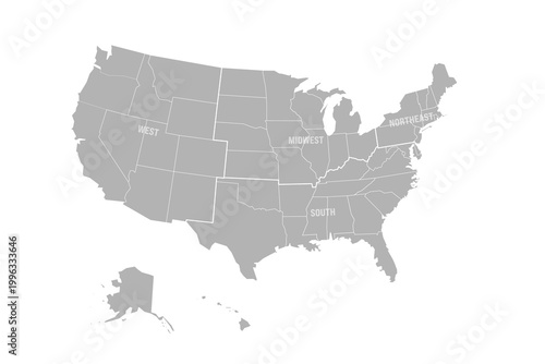 Regions and Divisions of United States - statistical units defined by US Census Bureau. Grey vector map.