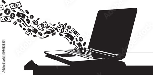 Silhouette of a laptop with money and banknotes flying out of the screen representing digital profit and online wealth generation