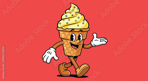 Retro ice cream character vector, vintage cartoon mascot, walking soft serve waffle cone