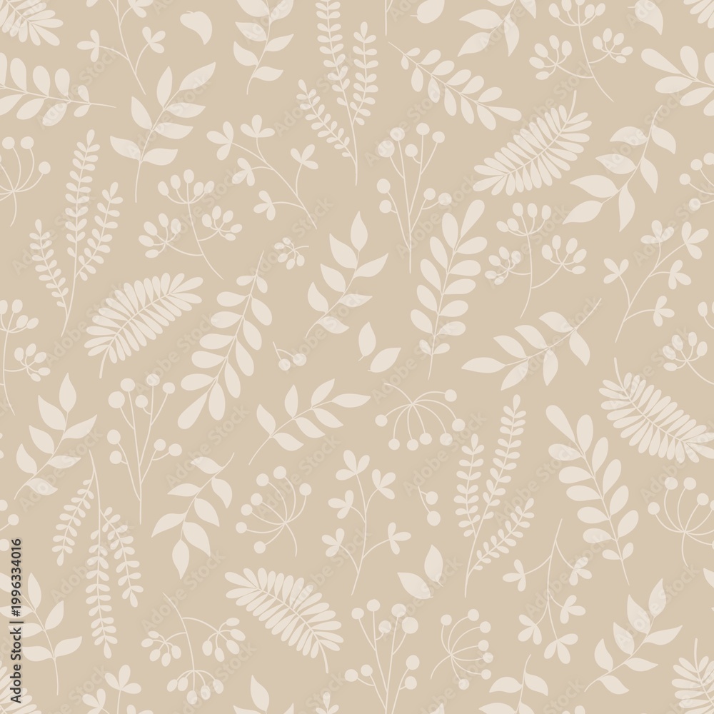 Fototapeta premium Seamless botanical hand drawn pattern with off-white silhouettes of leaves, branches and berries on beige background. Elegant natural repeat design for textiles, packaging, branding, wallpaper, decor