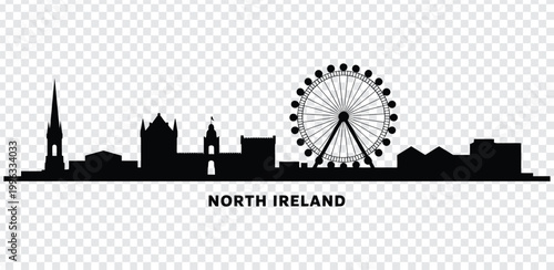 Black silhouette of northern ireland city skyline with ferris wheel and buildings