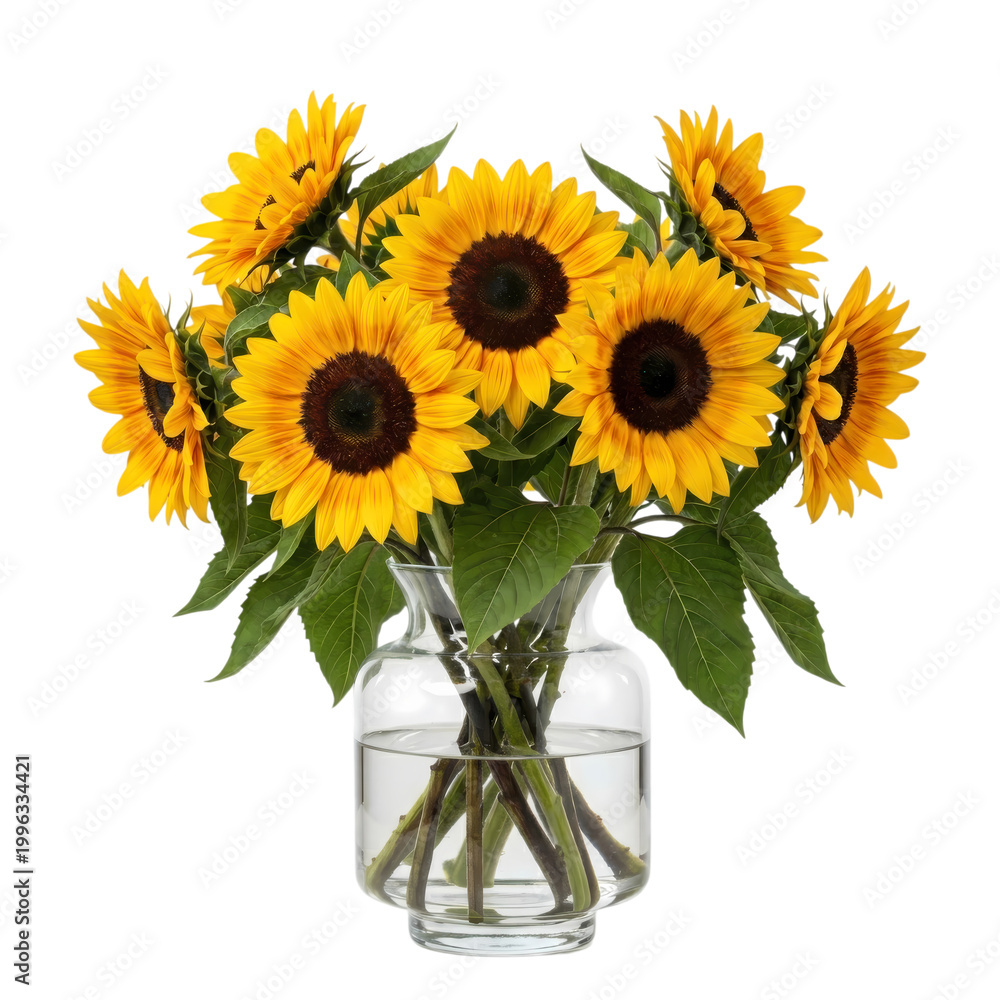 Obraz premium Vibrant bouquet of sunflowers in a clear glass vase on transparent background
