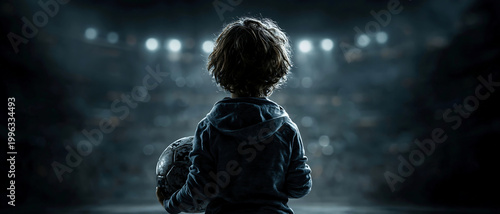 Back view of a child standing in a glowing arena under dramatic lights and cinematic blur. Moody scene with strong atmosphere, audience energy, and ample copy space.