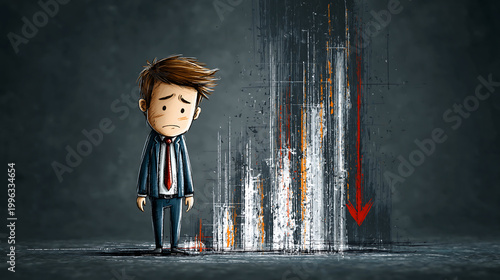 Sad cartoon businessman stands before a falling stock chart and red downward arrow, illustrating financial loss, recession, and workplace stress in a minimalist sketch scene.