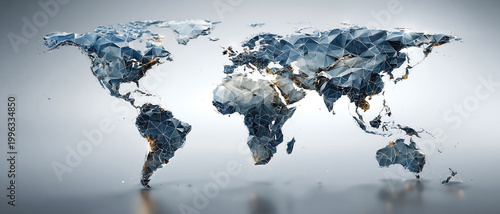 Abstract 3D world map with blue gray textured continents on a soft gradient background. Modern global illustration with detailed relief and futuristic visual depth.