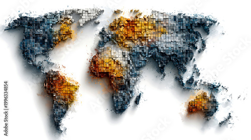 Abstract digital world map formed by blue and orange fragmented blocks on a white background. Modern global design with textured detail and futuristic depth.