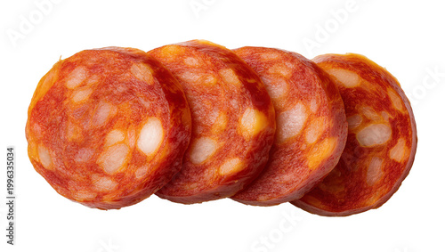 фотографія Four round slices of spicy chorizo sausage, isolated on transparent background