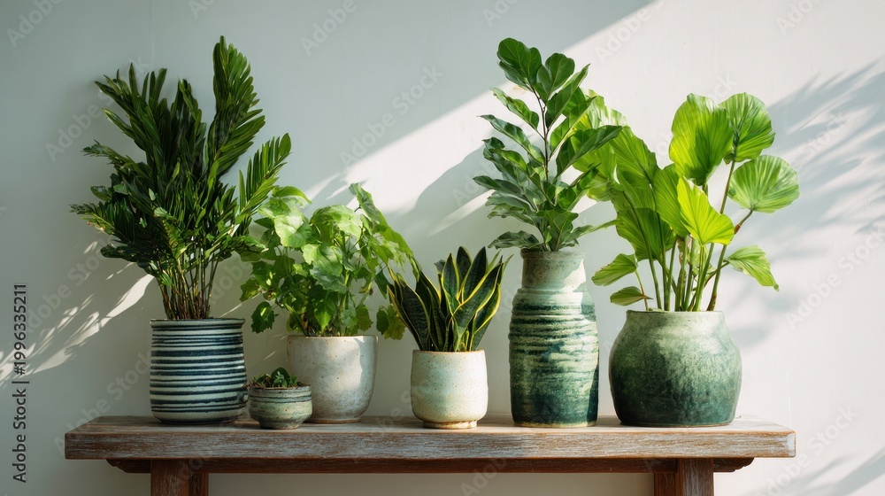 Fototapeta premium Potted plants sit on a table by a white wall.