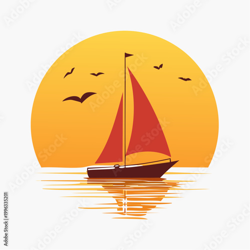A serene sailboat glides across calm waters under a vibrant orange sunset with flying birds.