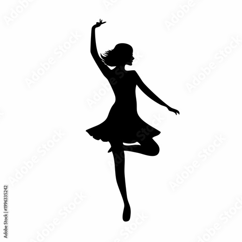 A woman dances alone in a studio with her arm raised high