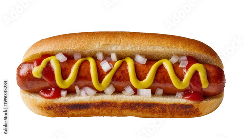 Photography Juicy grilled hot dog with ketchup and mustard diced onions, isolated on transpa