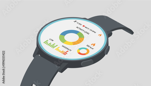 A smartwatch displays a colorful fitness dashboard on its screen.