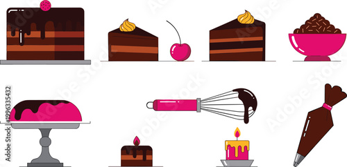 Desserts and Sweets Vector Set with Chocolate Cake, Cupcake, Whisk, Icing, Cherry, and Pastry Icons for Digital, Web, and Print Media Designs