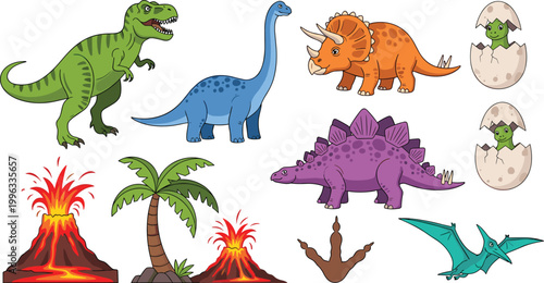 Dinosaur and Prehistoric Life Vector Set with T-Rex, Brachiosaurus, Triceratops, Stegosaurus, Volcano, Palm Tree, Dinosaur Eggs, and Pterodactyl Icons for Digital, Web, and Print Media Designs