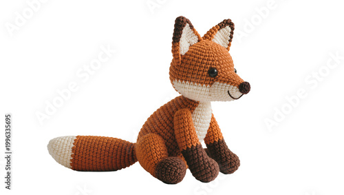 Bild auf Leinwand Crocheted orange fox toy with white belly and tail tip, isolated on transparent