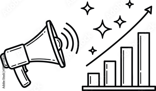 Growth announcement megaphone with rising graph and sparkles sketch