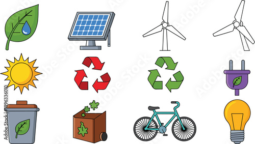 Environmental Sustainability Vector Set with Solar Panels, Wind Turbines, Recycling, Eco-Friendly Icons, and Green Energy Symbols for Digital, Web, and Print Media Designs