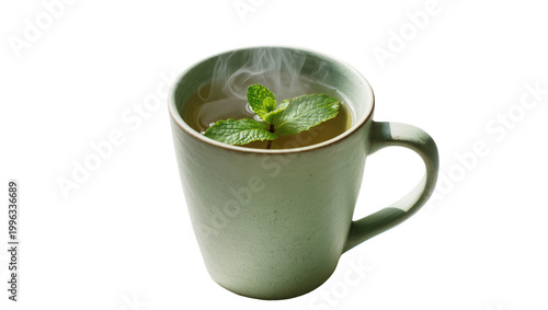 Quadro su tela Steaming mug of herbal tea with fresh mint leaves, isolated on transparent backg