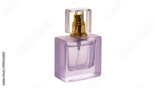 Canvas Print Frosted purple glass perfume bottle with gold spray pump, isolated on transparen
