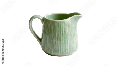 Photography Green ceramic creamer pitcher with vertical texture, isolated on transparent bac