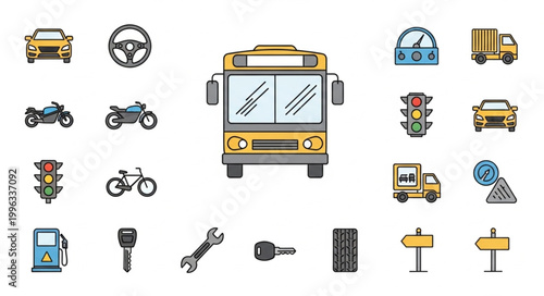 School Bus and Vehicle Icons Set.