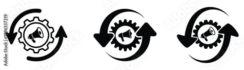 3d circular gear icons in motion with arrows showing rotation direction isolated on white