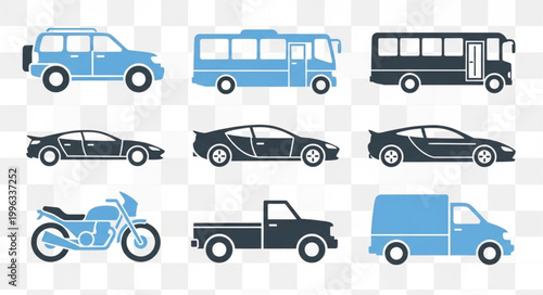 Various types of vehicles side view.