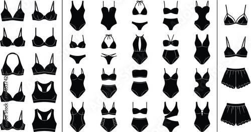 Women Lingerie and Swimwear Silhouettes Large Collection Set Bras Panties Bodysuits Black Isolated
