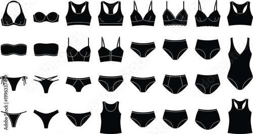 Women Lingerie and Swimwear Silhouette Set Black Underwear Bikini Bra Panties Collection Isolated