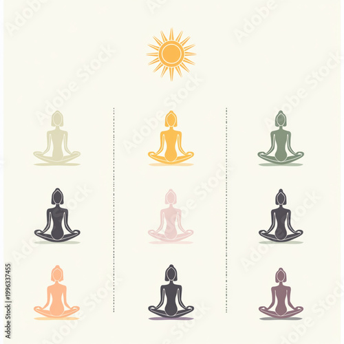 A clean vector illustration featuring the twelve postures of Yoga. The design is educational, modern, and perfect for i studio wall art.