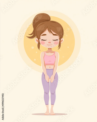 A cheerful cartoon girl with simple, rounded shapes and soft, pastel colors. Her face shows a calm, smiling expression with closed eyes and small rosy cheeks.