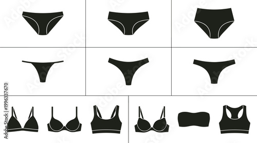 Women Underwear and Lingerie Silhouettes Set Panties Bras Minimal Black Apparel Collection Isolated