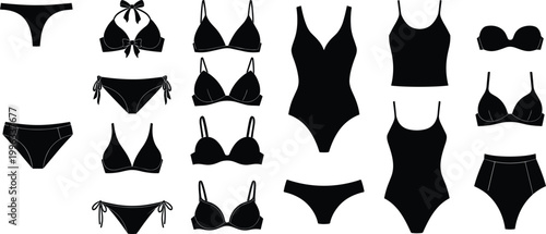 Women Lingerie and Swimwear Silhouettes Set Collection Isolated Black Underwear Bikini Bodysuit Vector Style