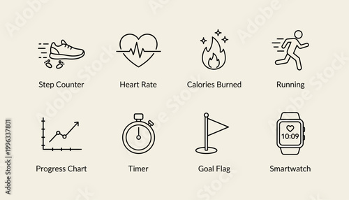 Fitness icons display various health metrics on a smartwatch interface
