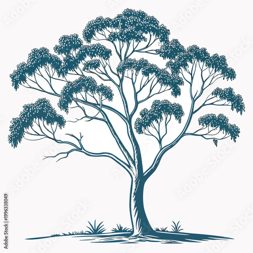 Line art vector illustration of a detailed tree with spreading branches and foliage