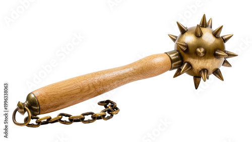 фотографія Spiked medieval mace with wooden handle and metal chain, isolated on transparent