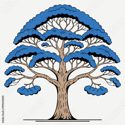 Line art vector illustration of a detailed tree with spreading branches and foliage