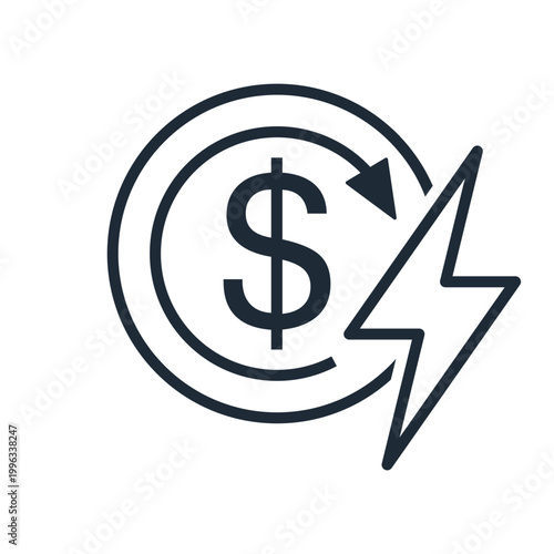 Dollar sign, movement arrow and lightning bolt. Financial hit, blow.Vector linear icon illustration isolated on white background.