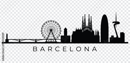Black silhouette of barcelona city skyline with famous landmarks and ferris wheel
