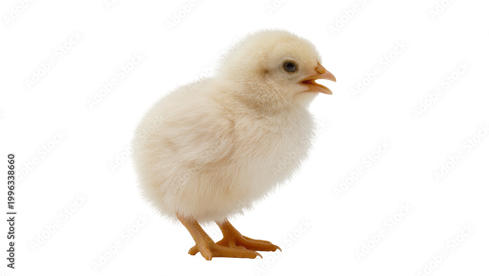 Fototapeta premium Fluffy yellow chick with open beak, isolated on transparent background